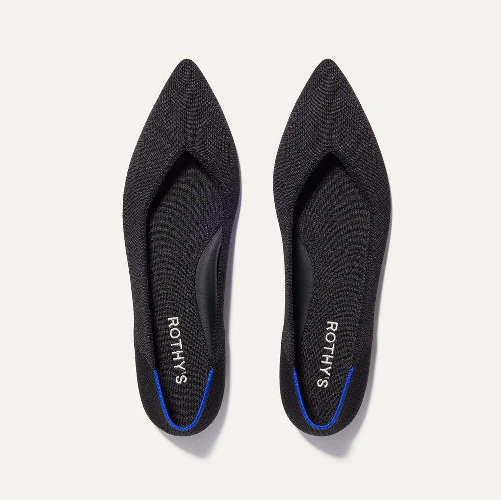 Rothy's Black Pointed Knit Flats with Blue Trim
